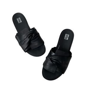FitFlop Gracie Soft-Twist All Black Leather Slides Size 8